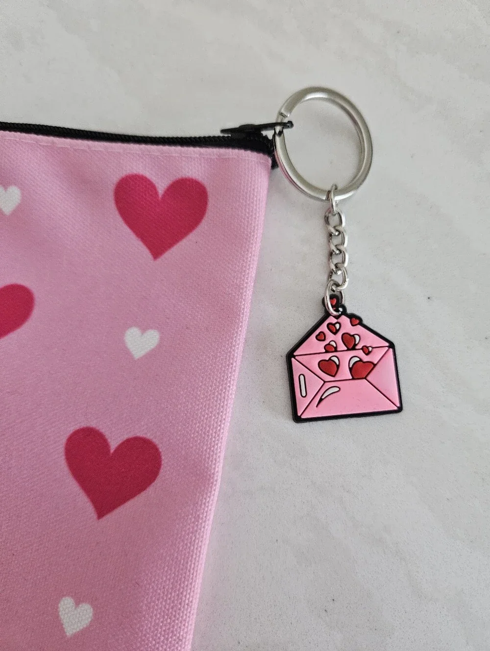 Pink Heart Print Cosmetic Pouch With Bag Charm